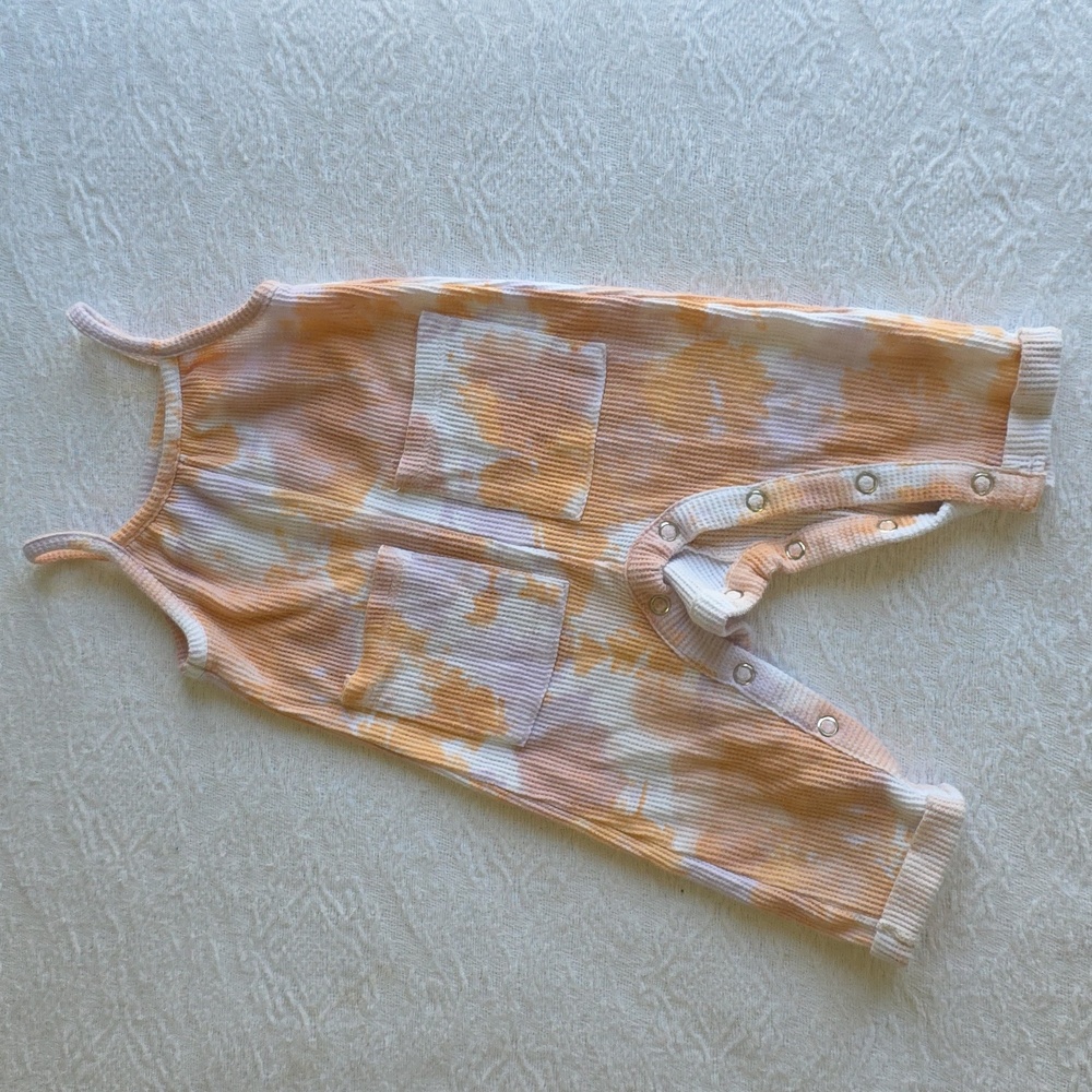 Tie-Dye Orange And Purple Overall Romper with Front Pockets - 12 M